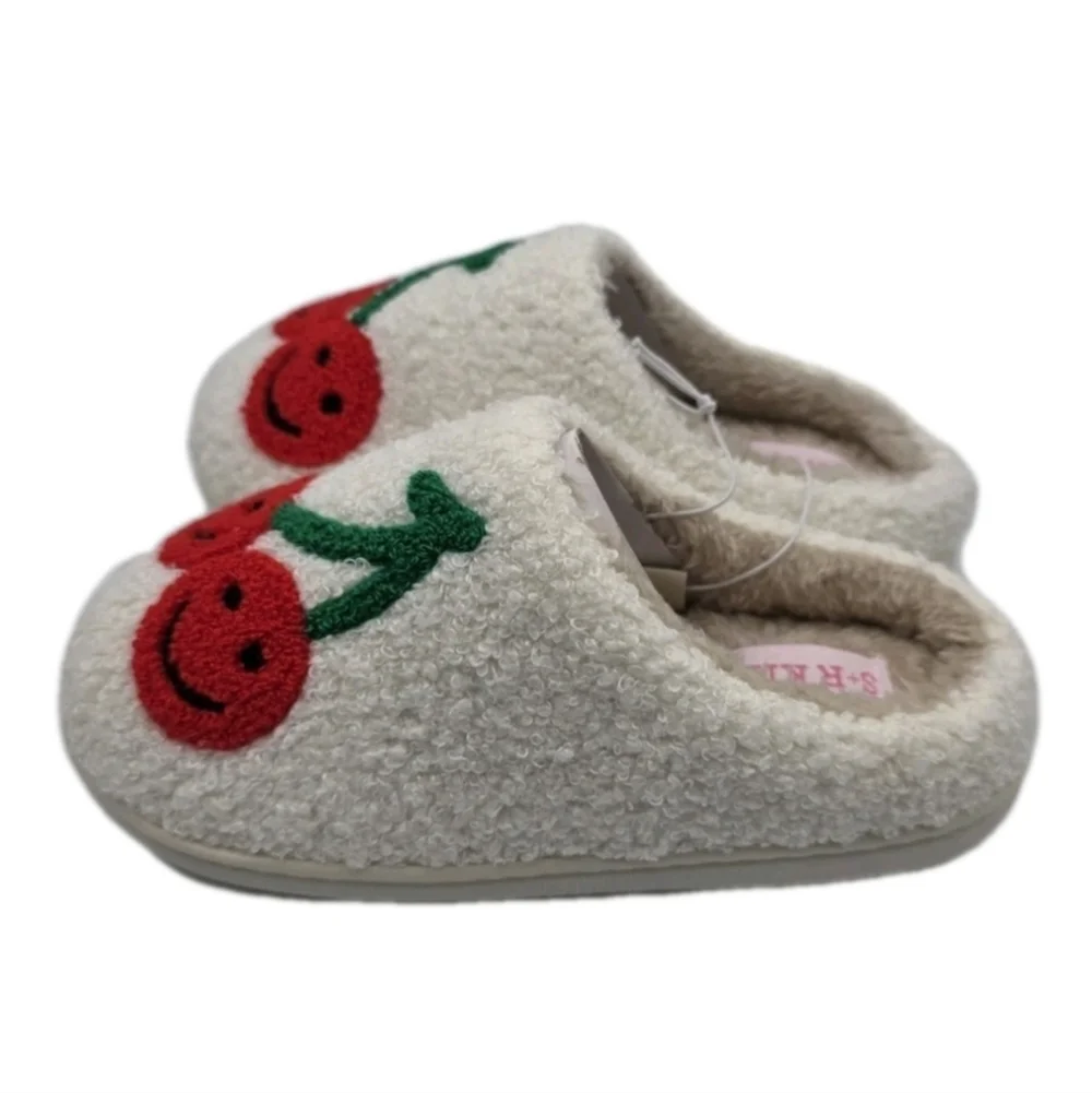 Smiley Face Plush Slippers Retro Soft Size 11 10 House Shoes Slip Ons Cherries